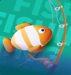 Karakter hiu pemenang di permainan tembak ikan dengan piala emas dan koin di dasar laut